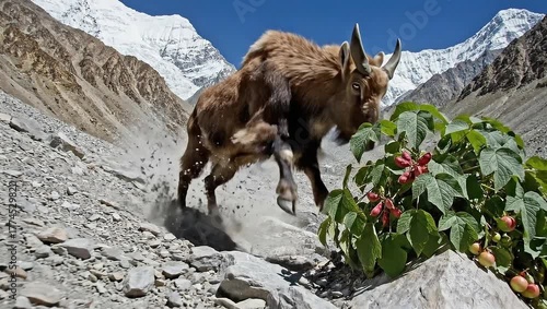 Yak Running Through Rocky Mountain Terrain with Snowcapped Peaks