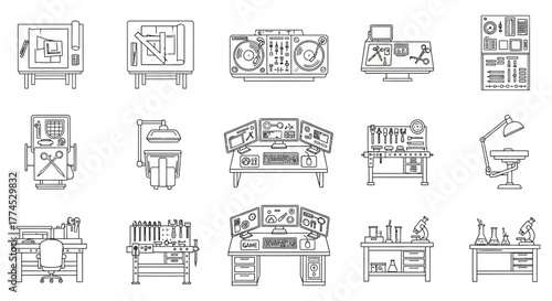 workbenches outline icons a variety of workspace setups for various professions and hobbies showcasing tools and equipment needed for the job line art