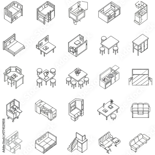 isometric furniture icons a set of line art designs featuring beds tables sofas and kitchens in a modern style for interior design projects