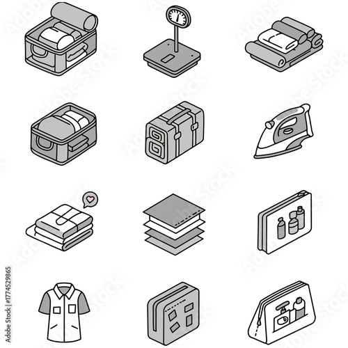 Packing for travel concept suitcase iron clothes scale cosmetic bag shirt towel for summer holiday journey illustrating vacation preps.