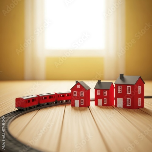 Small Houses And Toy Train Set On Wooden Floor Indoors Copy Space