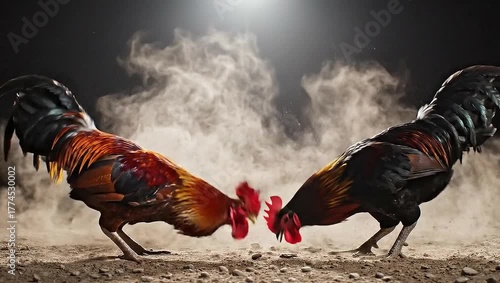 Two Roosters Facing Each Other on Dirt Surface Dramatic Lighting