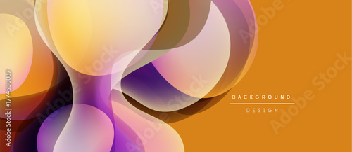 Abstract shapes overlap, creating vibrant orange, purple, brown gradients. Modern design feels dynamic, smooth, elegant. Background suggests creativity.