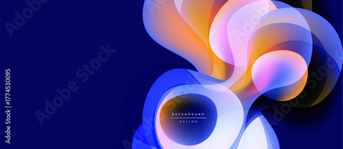 Abstract fluid shapes overlap, creating vibrant color gradients. Blue dominates background, orange, purple accents present. Modern design element.