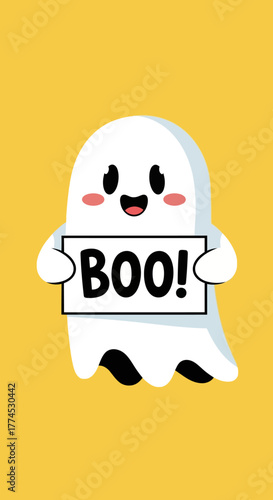 A cute cartoon ghost with rosy cheeks holding a "BOO!" sign on a yellow background, perfect for Halloween.