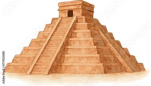 Vector watercolor cartoon illustration of an aztec pyramid