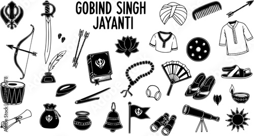 Gobind Singh Jayanti celebration icons set with traditional Sikh symbols and elements in black and white line art style for religious festival design.