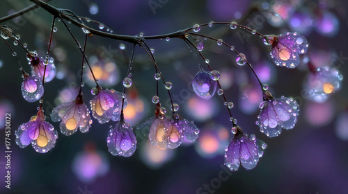 A branch of flowers with raindrops on them. The flowers are purple and the raindrops are clear