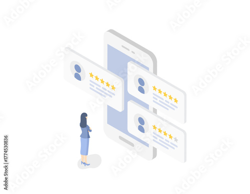 高評価の口コミやレビューを分析するスーツ姿の女性（アイソメトリックなベクターイラスト素材）ビジネス･マーケティング