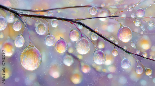 A branch with many small, colorful spheres of water droplets. The droplets are scattered throughout the branch, creating a sense of movement and liveliness. Scene is one of joy and wonder