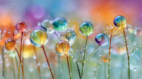 A field of flowers with drops of water on them. The flowers are in various colors and sizes, and the water droplets are scattered throughout the scene. Scene is serene and peaceful, as the flowers