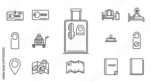 hotel icon set representing travel and vacation plans depicting hotel amenities and services for travel agency websites and tourism promotion.