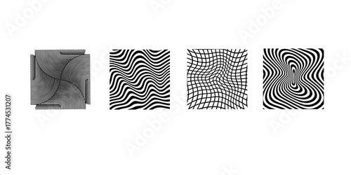 Four abstract optical illusion patterns in silhouette style isolated on white background