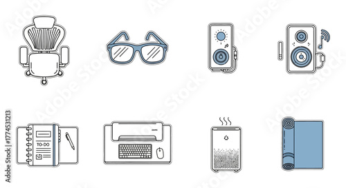 icons of home office equipment illustrating remote work setup ideal for design templates presentations and website graphics showcasing modern workplace aesthetics.