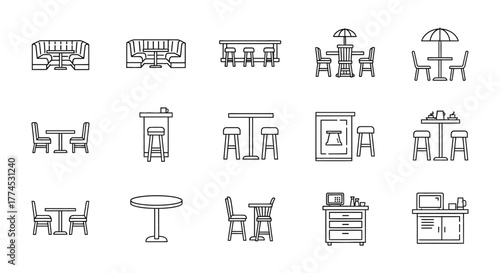 restaurant furniture detailed line art showcasing interior seating tables  service counters ideal for architectural plans  designs minimalist aesthetic