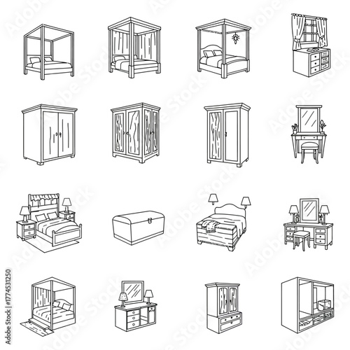bedroom furniture icons featuring beds wardrobes and dressing tables in a furniture store catalog ideal for showcasing interior design and home decor trends.