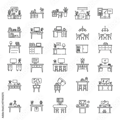 desk illustration set workplaces with computers and plants for office decor showcasing modern design ideal for interior design blogs and workspace planning.