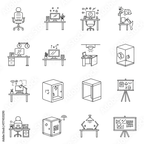 office setup workstations with computers ergonomic chair and whiteboard concept for business workflow employee productivity and ergonomic solutions