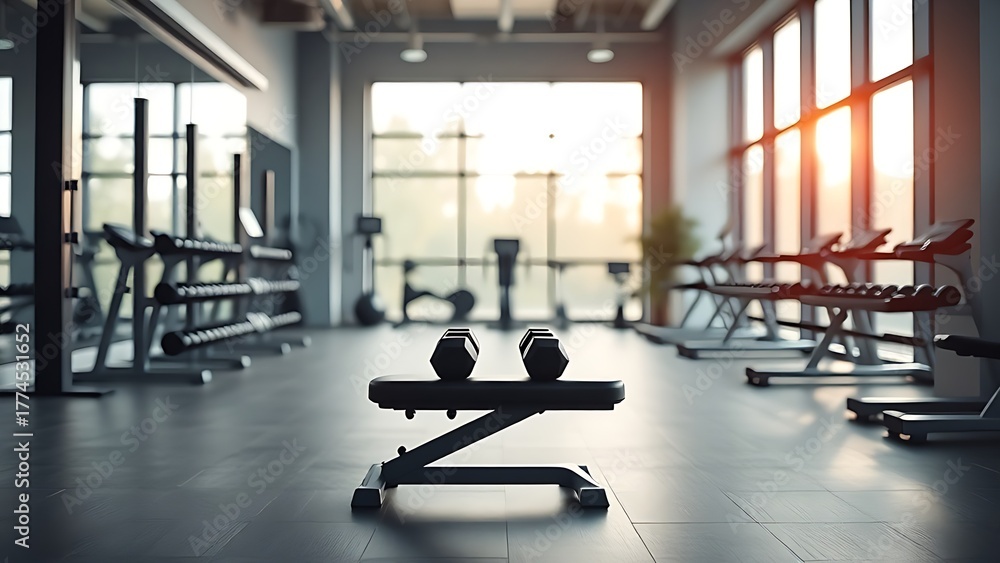 Fototapeta premium healthclub. Weight bench with dumbbells in a minimalist gym interior. event key visuals, club posters, designed for sports event promotions and stadium branding and fitness apps and gym onboarding.