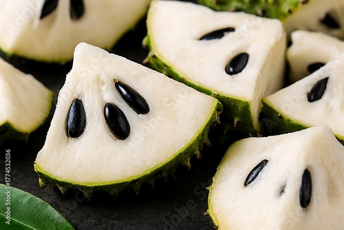 Fresh soursop fruit slices with black seeds close up.