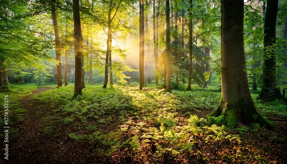 Naklejka premium Summer Evening In A European Forest With Light Filtering Through The Leaves