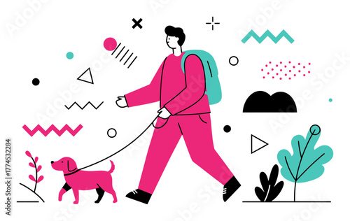 A person happily walking a dog on a leash