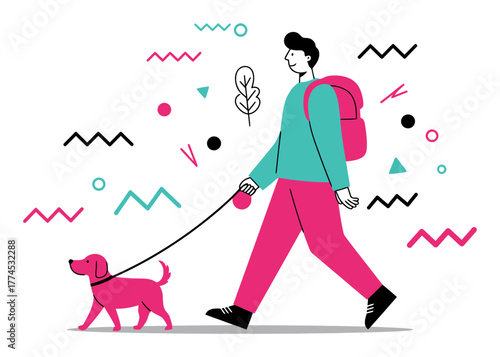 A person happily walking a dog on a leash