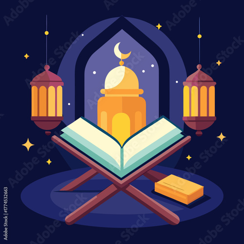 Islamic holy book on stand with mosque lanterns and crescent moon silhouette isolated on white background