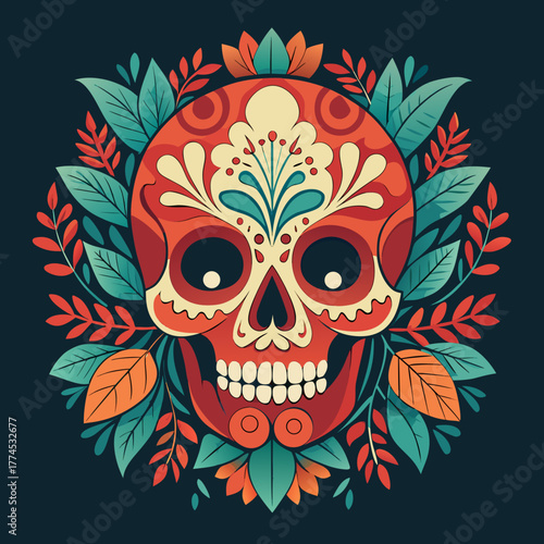 Decorative sugar skull with floral accents silhouette isolated on white background