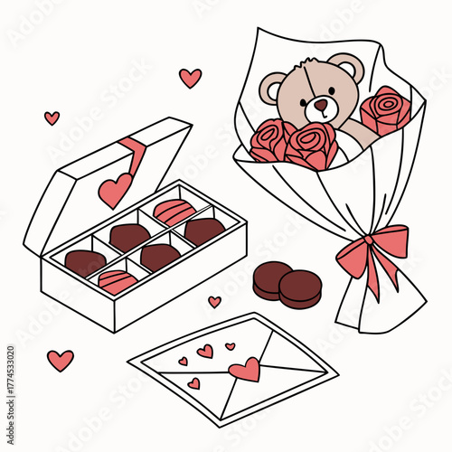 Valentine Day Card with Hearts and Flowers Vector Illustration