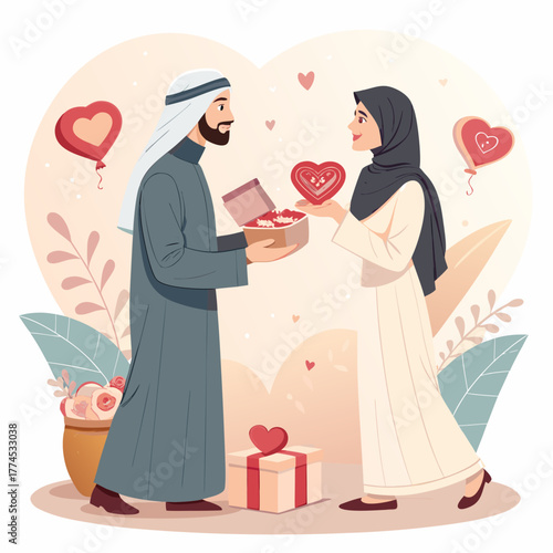 Muslim couple exchanging halal valentine gifts vector illustration 