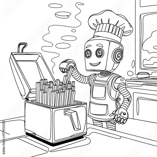 A futuristic robot cooking in a modern kitchen, preparing meals with precision and efficiency. Perfect for themes of technology, AI, innovation, automation, and smart living.