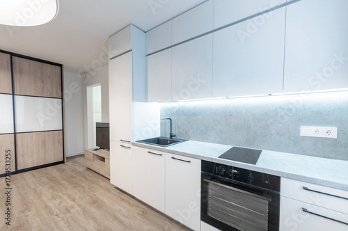 Wallpaper Mural Classic Bright Home Living Room and Kitchen Interior. Oven, Sink, Closets. TV Screen and Wardrobe Closet. Torontodigital.ca