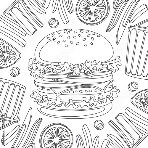 A delicious burger with juicy meat, fresh lettuce, tomato, and cheese layered in a soft bun. Perfect for fast food, lunch, and snack themes.