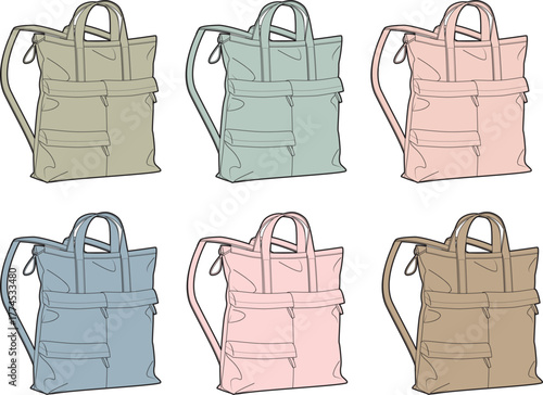 Assortment of six stylish tote bags in different pastel colors for everyday use