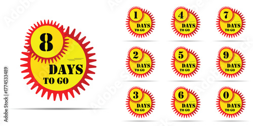 Countdown of days 1,2,3,4,5,6,7,8,9,10. The days left badges. A countdown is going on, one day I left a badge and a label to calculate the date of work. Offer timer, sticker limited to a few days.