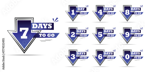 Countdown of days 1,2,3,4,5,6,7,8,9,10. The days left badges. A countdown is going on, one day I left a badge and a label to calculate the date of work. Offer timer, sticker with blue colours.
