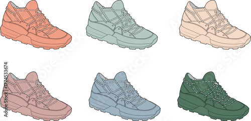 Set of Sporty Running Shoe Illustrations in Different Colors