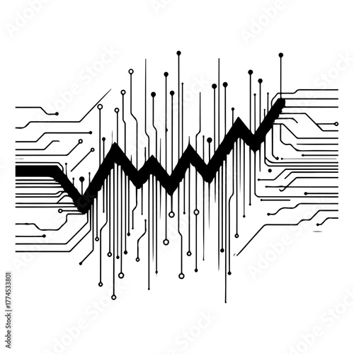 Abstract digital wave graph on circuit board with glowing nodes representing data flow and growth