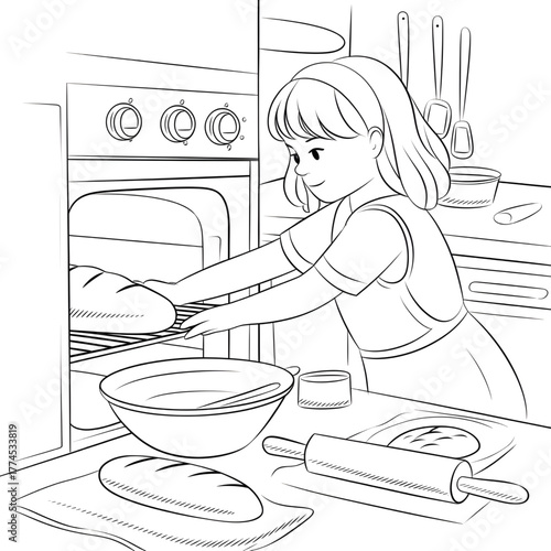 A young girl cooking in the kitchen with focus and joy. Perfect for themes of home life, learning, creativity, food preparation, and healthy lifestyle.