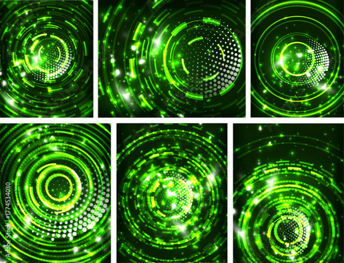 Bright green circular designs. Concentric rings, dots, lines create dynamic visual effects. Dark background enhances luminosity.
