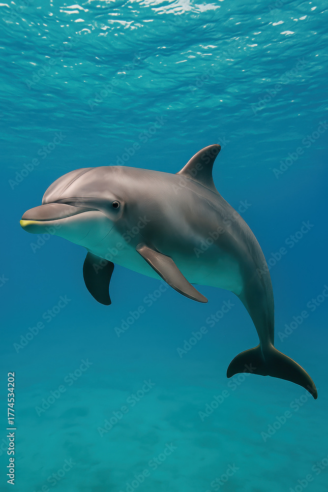 Fototapeta premium Underwater bottlenose dolphin swimming in clear turquoise ocean with sunlight rays and sandy seabed marine wildlife scene for ocean conservation snorkeling travel and aquatic biology 