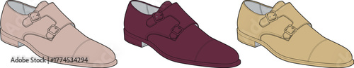 A stylish set of men's double monk strap dress shoes, a vector illustration showcasing multiple color variations for classic formal footwear