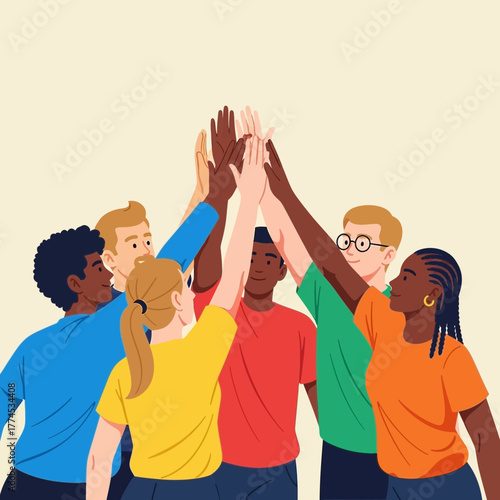 Vector SVG Illustration of Diverse People High Fiving in Modern Flat Style with Bright Colors for Web and Digital Media
