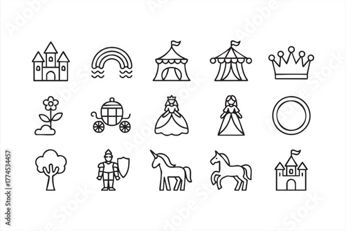 Vector icons of princess, castle, and rainbow for creative and whimsical design use