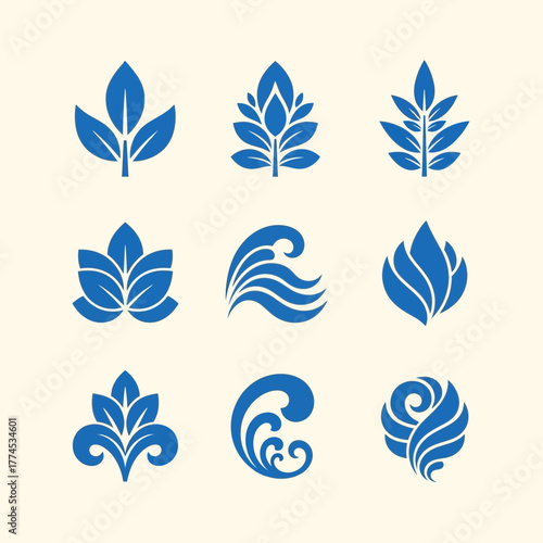 Minimalist Vector SVG Floral Icon Set with Symmetrical Leaf and Petal Designs in Blue Color