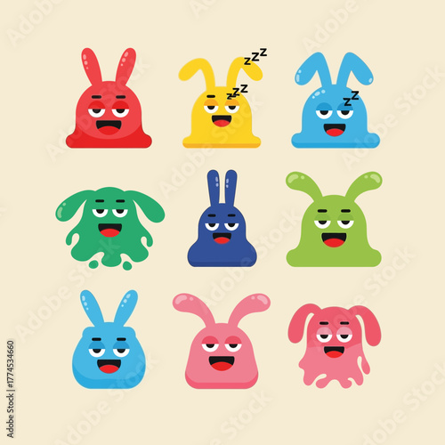 Vector Cute Cartoon Bunny SVG Illustration Set with Sleepy and Happy Expressions in Minimalist Flat Style