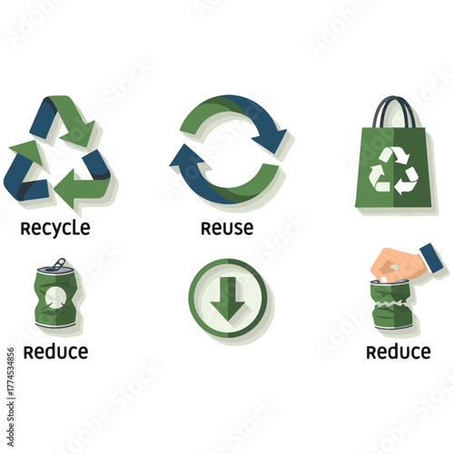 Flat Vector Icons Set for Recycling, Waste Management, and Environmental Protection: Reduce, Reuse, Recycle Symbols, Trash Cans, and Eco-Friendly Conservation Graphics.