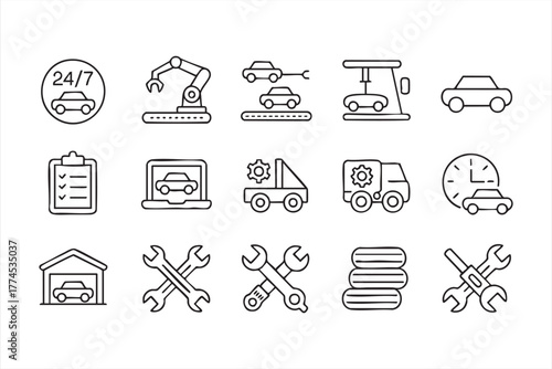 Minimalist vector icons representing auto service and mechanic workshop tools
