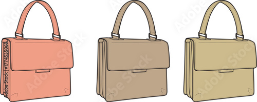 Elegant collection of women's handbags showcasing a timeless design in three distinct neutral colors, perfect for fashion, accessory, and lifestyle illustrations, highlighting versatility
